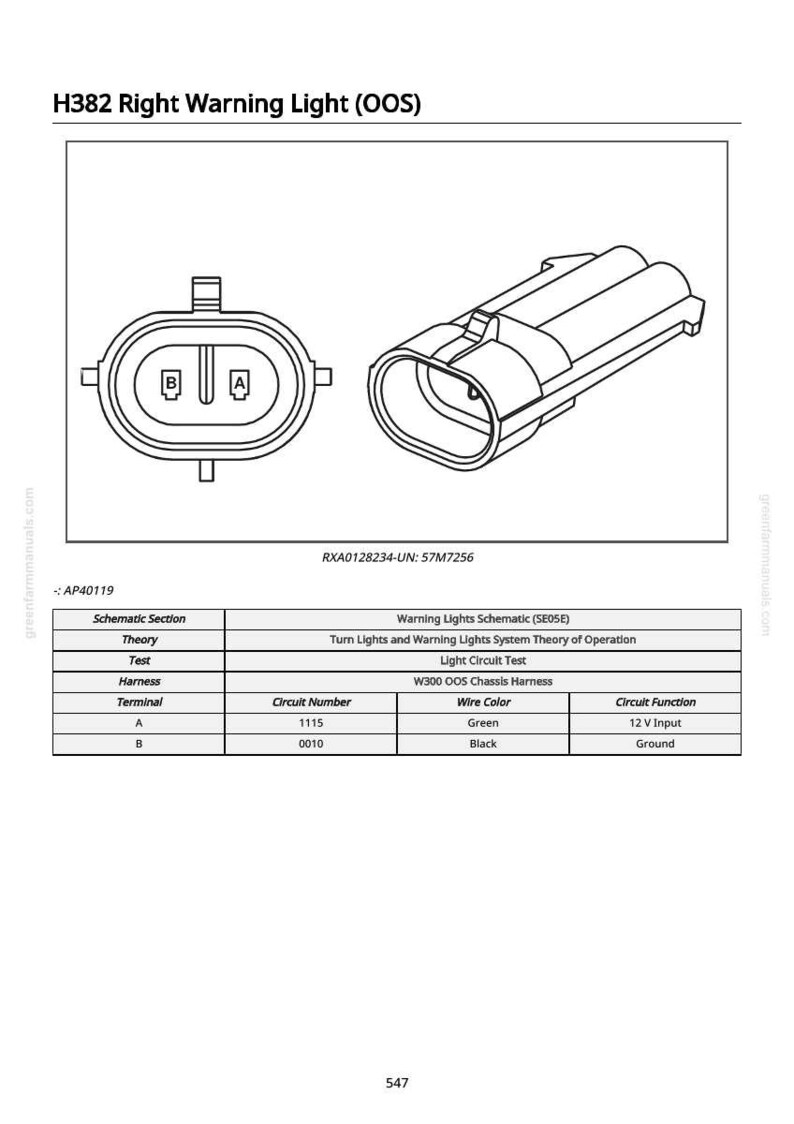 May include: Diagram of an electrical connector and a table detailing the wiring schematic for a right warning light. The connector is black and white, with the text "H382 Right Warning Light (OOS)" at the top.