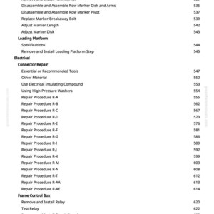 May include: A white page with a detailed table of contents for a repair manual. The text includes sections on electrical components, repair procedures, and loading platforms. The page number is 8.