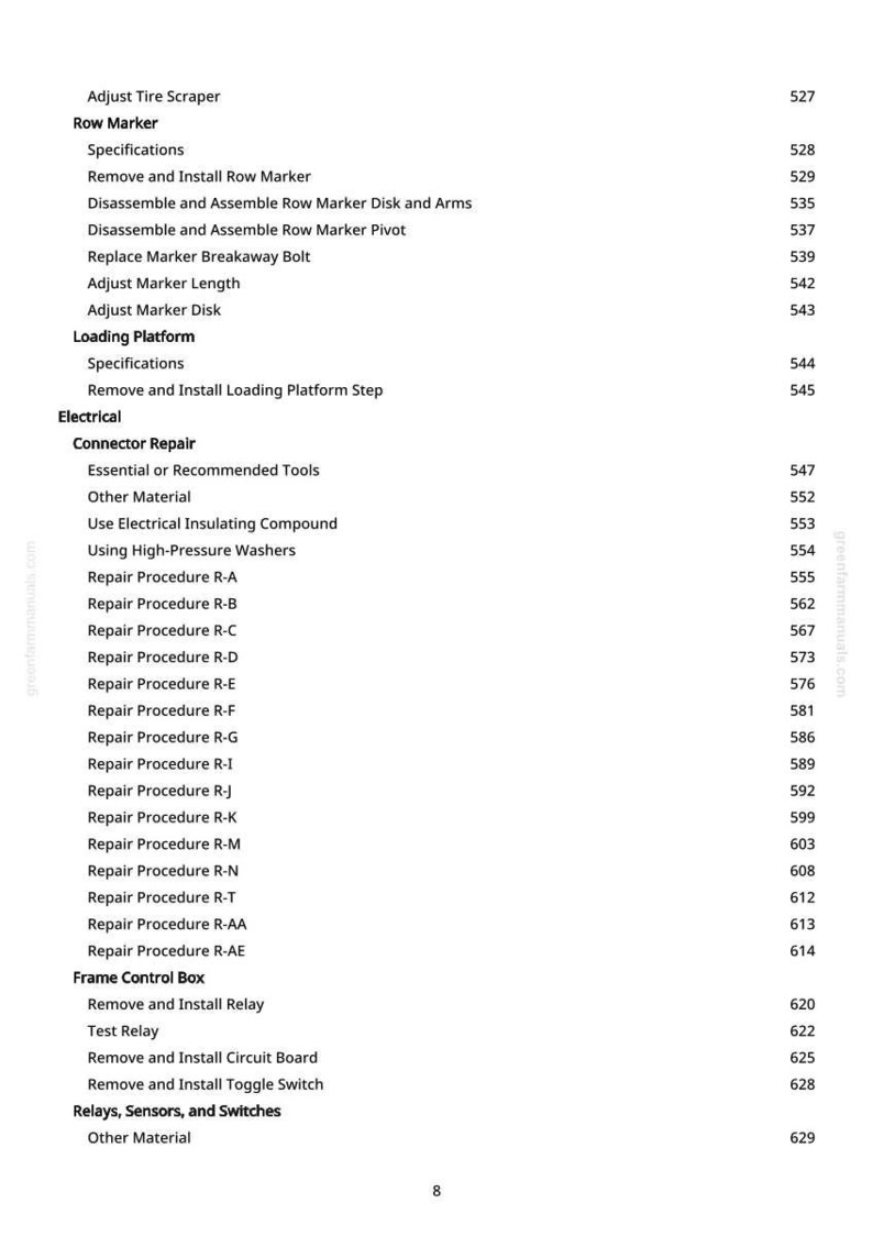 May include: A white page with a detailed table of contents for a repair manual. The text includes sections on electrical components, repair procedures, and loading platforms. The page number is 8.