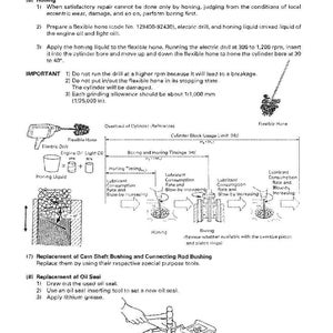 May include: Diagram of engine repair procedures, including honing and oil seal replacement. The image includes illustrations of tools like an electric drill and honing liquid, with text instructions and diagrams for each step.
