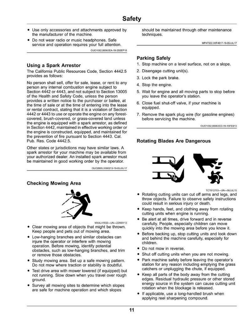 May include: A safety manual page with text and diagrams. It covers safety advice, parking procedures, and warnings about rotating blades. The page also includes information on spark arrestors and safe mowing practices.