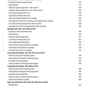 May include: A page from a manual with a list of hydraulic system repair and testing procedures. The text includes headings like "Diagnosing Malfunctions" and "Tensioning Valve Repair," with page numbers on the right.