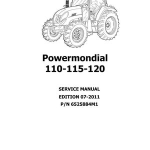 K&ouml;nnte beinhalten: Schwarz-Wei&szlig;-Strichzeichnung eines Traktors mit dem Text "Powermondial 110-115-120" &uuml;ber "Service Manual Edition 07-2011 P/N 6525884M1" und dem Landini-Logo.