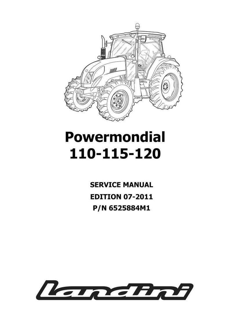 K&ouml;nnte beinhalten: Schwarz-Wei&szlig;-Strichzeichnung eines Traktors mit dem Text "Powermondial 110-115-120" &uuml;ber "Service Manual Edition 07-2011 P/N 6525884M1" und dem Landini-Logo.