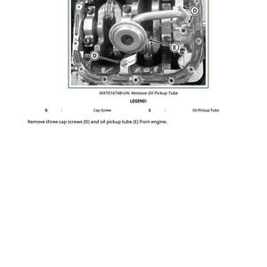May include: Diagram of an engine component with an oil pickup tube and cap screws labeled D and E. The text reads "Remove three cap screws (D) and oil pickup tube (E) from engine."