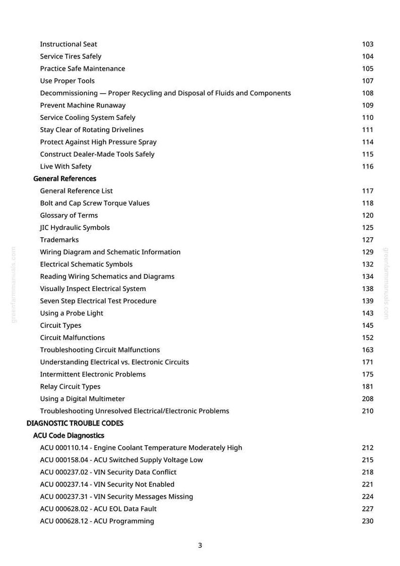 May include: A page from a manual with a table of contents. Topics include safety, electrical systems, and diagnostic trouble codes. The page number is 3.