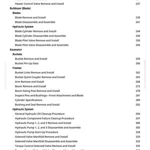 K&ouml;nnte beinhalten: Ein detailliertes Inhaltsverzeichnis eines Handbuchs, das Verfahren f&uuml;r Schwermaschinen auflistet. Zu den Abschnitten geh&ouml;ren Heizung, Klingen, Hydrauliksysteme und Bagger. Seitenzahlen sind neben jedem Artikel aufgef&uuml;hrt.