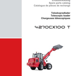 May include: A red and gray telescopic loader, model 4270CX100 T, with the Weidemann logo and text in English, German, and French. The image is from a spare parts catalog.
