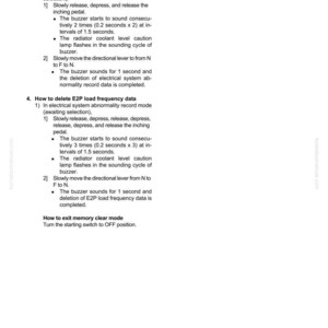 May include: A page from a manual detailing procedures for deleting electrical system abnormality record data and E2P load frequency data. Instructions include pedal manipulation and lever movement, with buzzer and lamp indicators.