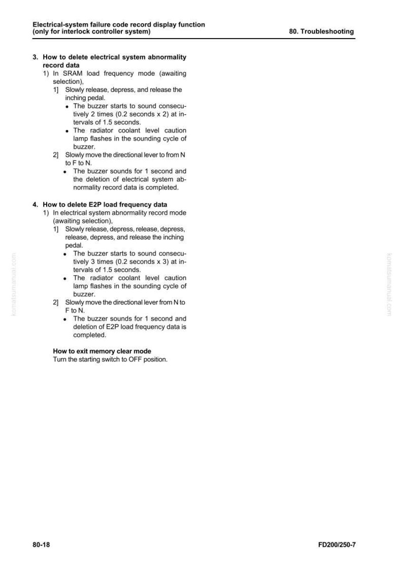 May include: A page from a manual detailing procedures for deleting electrical system abnormality record data and E2P load frequency data. Instructions include pedal manipulation and lever movement, with buzzer and lamp indicators.