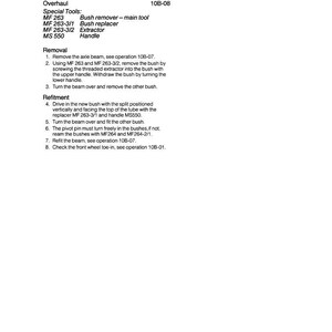 May include: A page from a manual detailing the overhaul of an axle beam for a front axle 2 wheel drive vehicle. Includes special tools like a bush remover, bush replacer, and extractor. Text includes removal and refitment instructions.