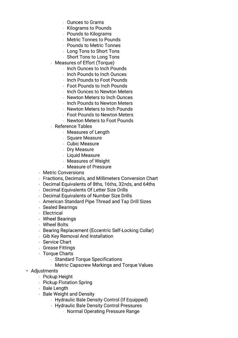 May include: A white document with black text detailing various measurement conversions, including ounces to grams, pounds to kilograms, and torque measurements. Also lists reference tables, metric conversions, and adjustments.