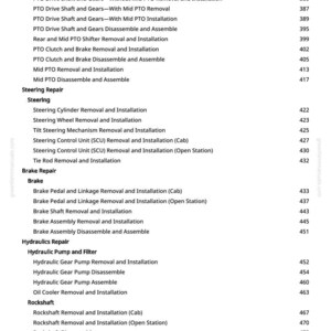 May include: A detailed contents page from a manual, listing repair and installation procedures for a tractor. Topics include PTO, steering, brakes, hydraulics, and rockshaft components. The page number is visible.