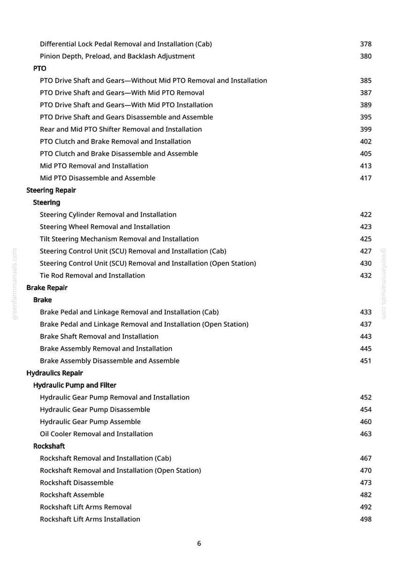 May include: A detailed contents page from a manual, listing repair and installation procedures for a tractor. Topics include PTO, steering, brakes, hydraulics, and rockshaft components. The page number is visible.
