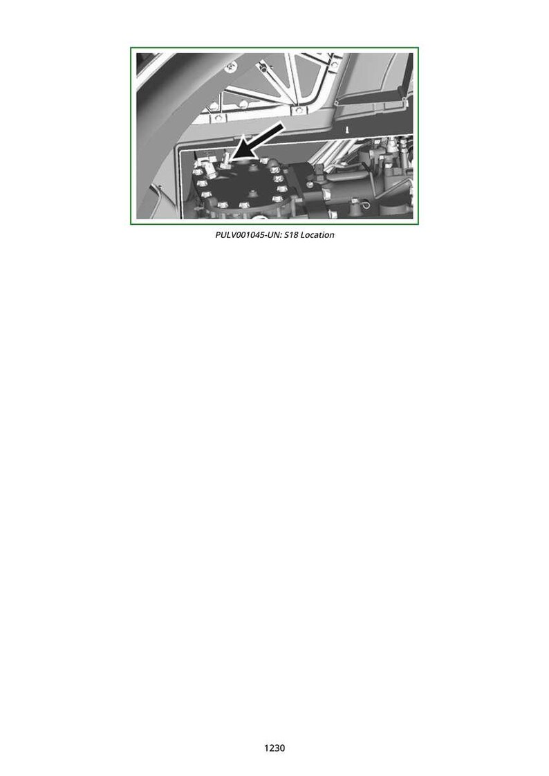 May include: An overhead view of an engine component, with a black arrow indicating a specific area. The image is framed by a green border and includes the text "PULV001045-UN: S18 Location".