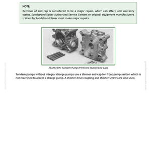 May include: Diagram of a tandem pump front section end cap, with text describing its features and repair considerations. The image includes a detailed view of the pump components and related text.