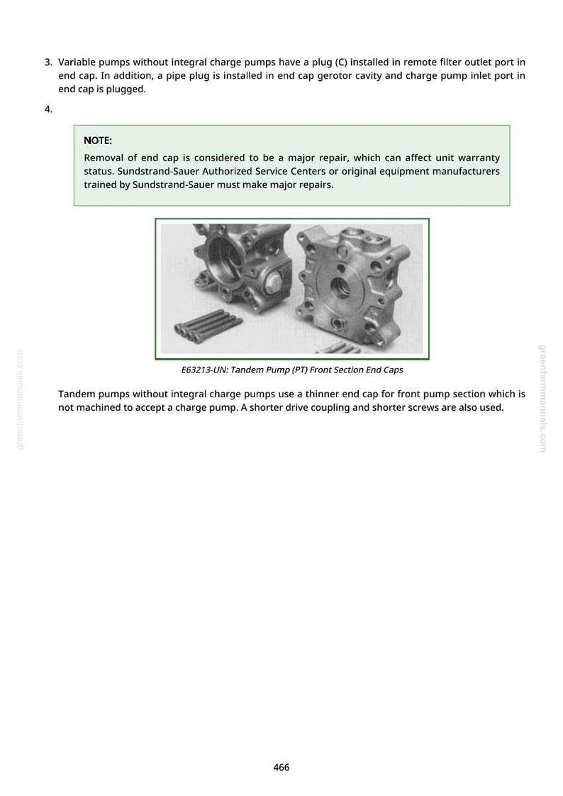 May include: Diagram of a tandem pump front section end cap, with text describing its features and repair considerations. The image includes a detailed view of the pump components and related text.