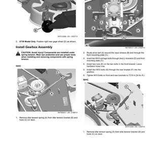 May include: Detailed assembly instructions with diagrams for a gearbox. The image shows close-ups of mechanical components, including bolts, brackets, and a drive belt. Text includes safety warnings and step-by-step procedures for installation.
