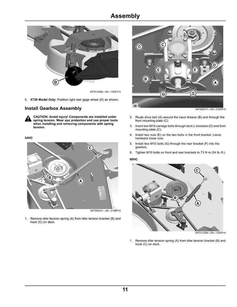 May include: Detailed assembly instructions with diagrams for a gearbox. The image shows close-ups of mechanical components, including bolts, brackets, and a drive belt. Text includes safety warnings and step-by-step procedures for installation.