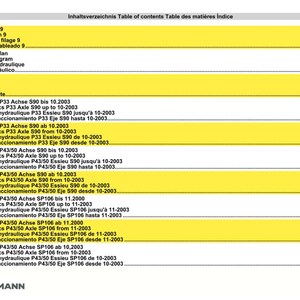 May include: A table of contents page from a Weidemann 1506 manual, with a yellow highlighted section. The page includes German, English, French, and Spanish terms, and various hydraulic and wiring diagrams.