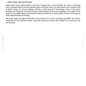 K&ouml;nnte beinhalten: Eine wei&szlig;e Seite mit dem Titel "Engine Speed - Theory of Operation" und zugeh&ouml;rigem Text. Der Text beschreibt die Funktion eines Motordrehzahlsensors, einschlie&szlig;lich seiner Komponenten und wie er die Motordrehzahl misst. Die Seite enth&auml;lt auch eine Website-Adresse und die Nummer 187.