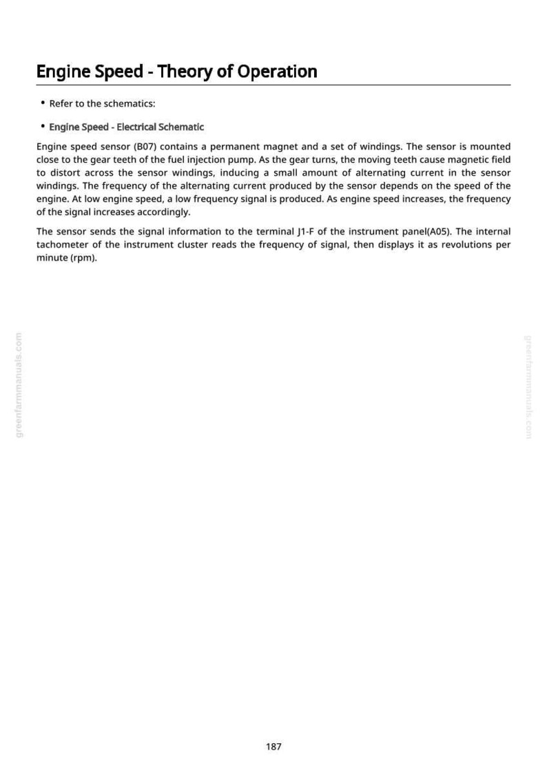 K&ouml;nnte beinhalten: Eine wei&szlig;e Seite mit dem Titel "Engine Speed - Theory of Operation" und zugeh&ouml;rigem Text. Der Text beschreibt die Funktion eines Motordrehzahlsensors, einschlie&szlig;lich seiner Komponenten und wie er die Motordrehzahl misst. Die Seite enth&auml;lt auch eine Website-Adresse und die Nummer 187.