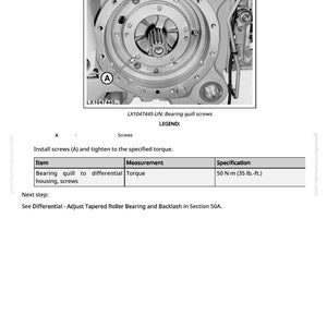 May include: A detailed diagram of a mechanical component, featuring a circular gear assembly with multiple screws. The image includes text indicating the part number LX1047445 and instructions for tightening screws to a specified torque of 35 lb.-ft.