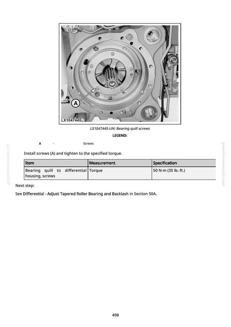May include: A detailed diagram of a mechanical component, featuring a circular gear assembly with multiple screws. The image includes text indicating the part number LX1047445 and instructions for tightening screws to a specified torque of 35 lb.-ft.