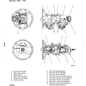 May include: Diagram of a hydraulic pump with detailed labels and a serial number. The image includes multiple views of the pump, with callouts for various components like the front main pump, relief valve, and control pump.