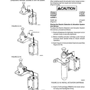 May include: Diagrams illustrating the installation procedure for a squib, part of an electric detection and actuation system. Includes figures detailing steps like inserting the squib and actuator cartridge. Text includes a caution notice and installation instructions.