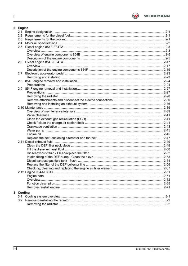 Peut inclure: Une page imprim&eacute;e d'un manuel Weidemann, d&eacute;taillant les sp&eacute;cifications du moteur et les proc&eacute;dures de maintenance. Le document comprend des sections sur les moteurs diesel, les syst&egrave;mes de refroidissement et d'&eacute;chappement. Le texte est en noir.