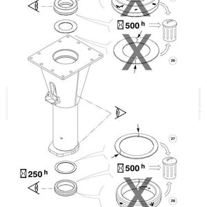 Pu&ograve; includere: Diagramma tecnico di componenti Komatsu, con un componente cilindrico centrale con una parte superiore quadrata e vari elementi circolari. Il diagramma include etichette e sezioni trasversali, con alcune parti contrassegnate come non applicabili.