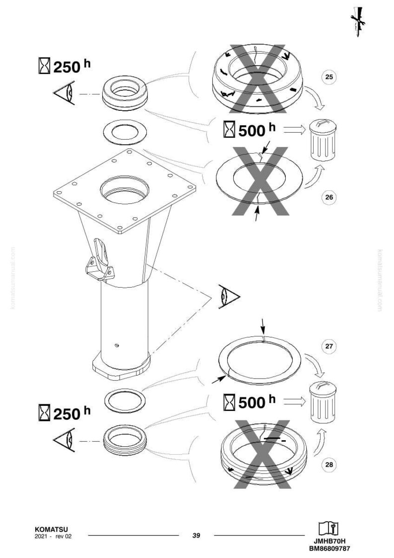 Pu&ograve; includere: Diagramma tecnico di componenti Komatsu, con un componente cilindrico centrale con una parte superiore quadrata e vari elementi circolari. Il diagramma include etichette e sezioni trasversali, con alcune parti contrassegnate come non applicabili.