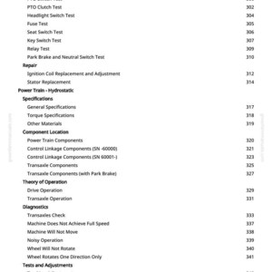 May include: A page from a manual with a table of contents. The text includes tests, adjustments, and specifications for a machine. The page number is 6.