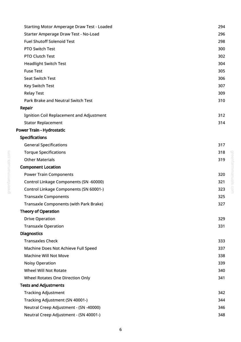 May include: A page from a manual with a table of contents. The text includes tests, adjustments, and specifications for a machine. The page number is 6.