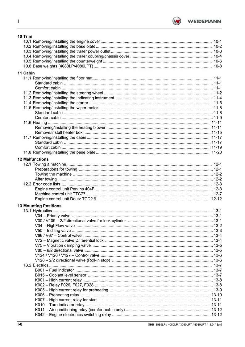 May include: A Weidemann manual contents page, detailing sections on trim, cabin, malfunctions, and mounting positions. The text provides instructions for components and systems, including error codes and electrical components.