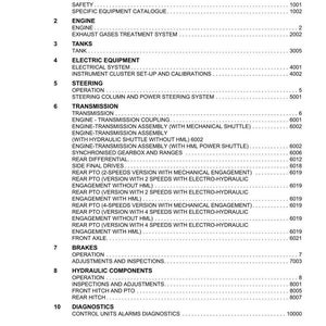 May include: Table of contents from Argo Tractors catalog, featuring sections on engine, transmission, brakes, and diagnostics. The document includes a list of topics with corresponding section numbers.