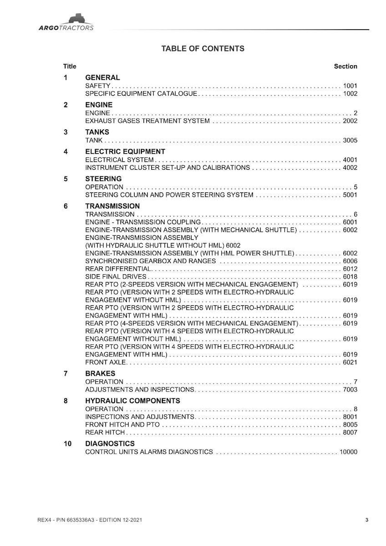 May include: Table of contents from Argo Tractors catalog, featuring sections on engine, transmission, brakes, and diagnostics. The document includes a list of topics with corresponding section numbers.
