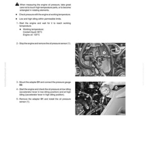 K&ouml;nnte beinhalten: Schwarz-Wei&szlig;-Bild aus einem Handbuch, das die &Uuml;berpr&uuml;fung des Motor&ouml;ldrucks erl&auml;utert. Der Text enth&auml;lt Anweisungen zur &Uuml;berpr&uuml;fung des Drucks bei Betriebstemperatur und Leerlauf. Diagramme zeigen Motor und Messger&auml;t.
