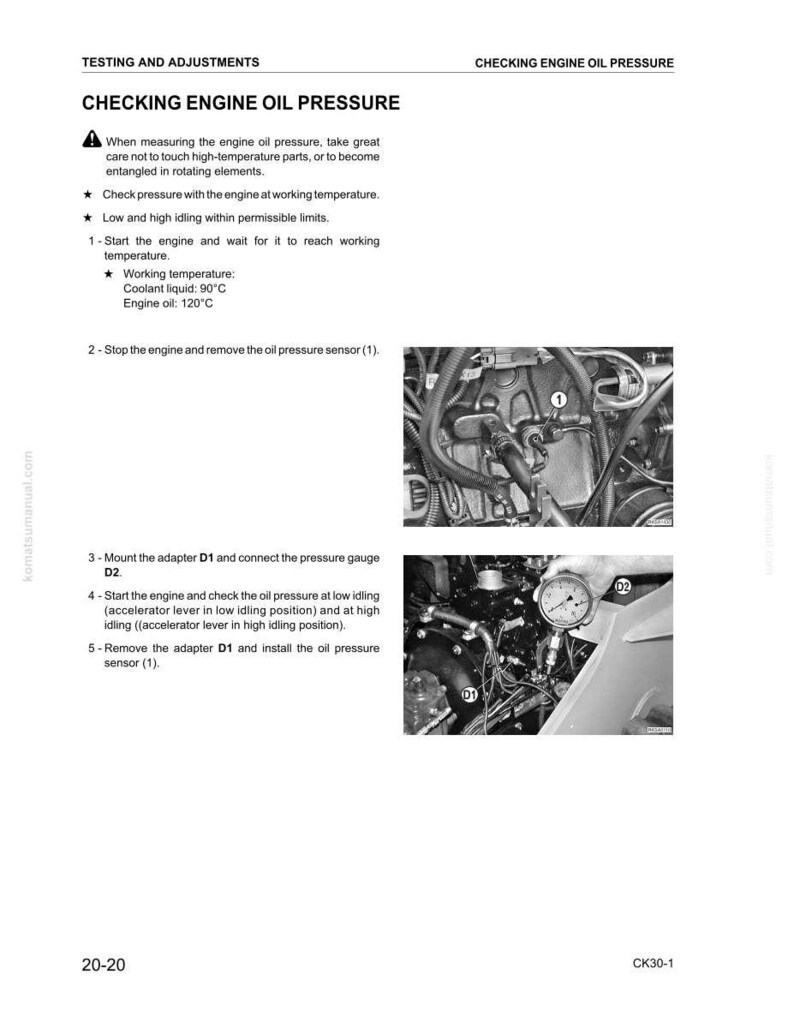 K&ouml;nnte beinhalten: Schwarz-Wei&szlig;-Bild aus einem Handbuch, das die &Uuml;berpr&uuml;fung des Motor&ouml;ldrucks erl&auml;utert. Der Text enth&auml;lt Anweisungen zur &Uuml;berpr&uuml;fung des Drucks bei Betriebstemperatur und Leerlauf. Diagramme zeigen Motor und Messger&auml;t.