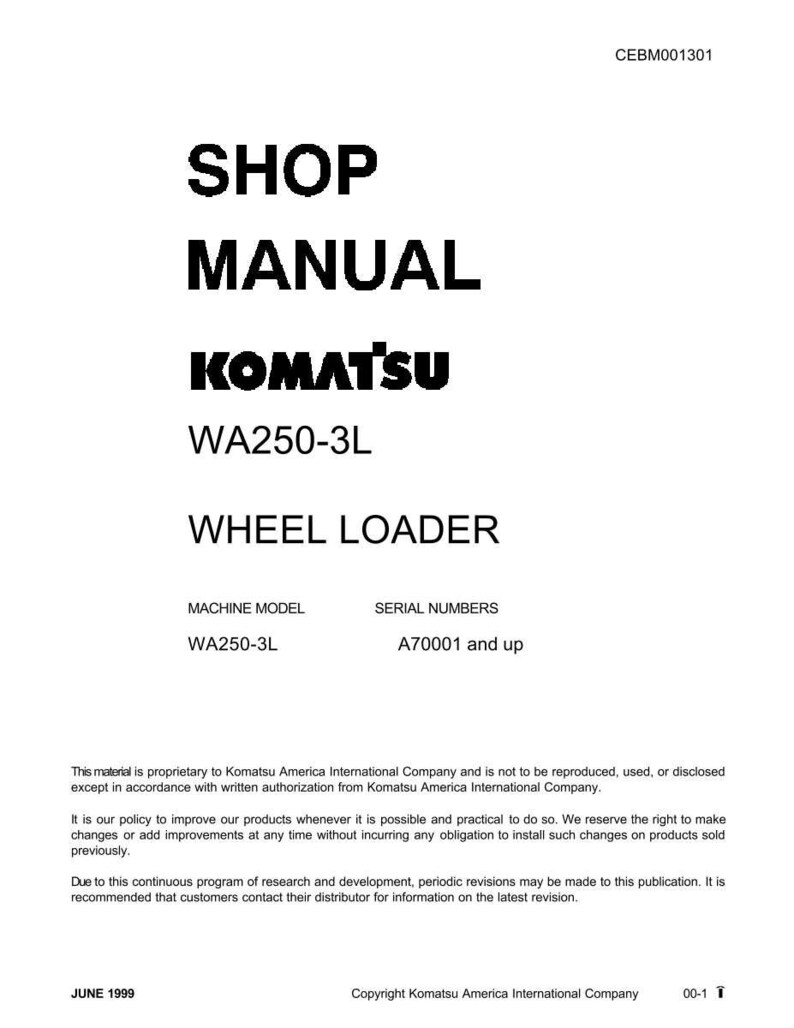 K&ouml;nnte beinhalten: Ein wei&szlig;es Werkstatthandbuch mit schwarzem Text. Auf dem Umschlag steht "SHOP MANUAL" &uuml;ber "KOMATSU WA250-3L WHEEL LOADER". Das Maschinenmodell ist WA250-3L, und die Seriennummern sind A70001 und h&ouml;her. Das Dokument datiert von Juni 1999.