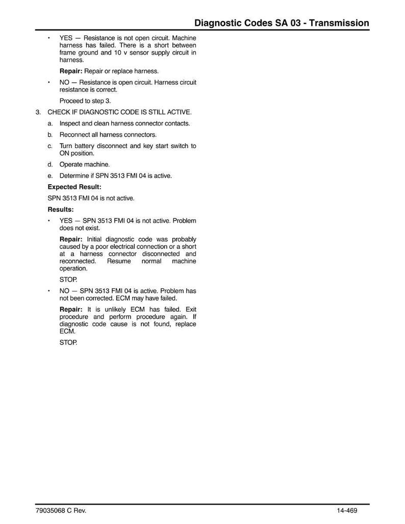 May include: A diagnostic codes document for transmission issues, titled "Diagnostic Codes SA 03 - Transmission." The document provides troubleshooting steps, expected results, and repair instructions for various fault conditions.