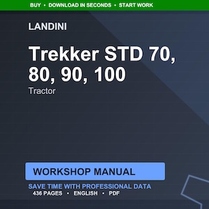 K&ouml;nnte beinhalten: Ein digitales Werkstatthandbuch f&uuml;r Landini Trekker STD Traktoren, Modelle 70, 80, 90 und 100. Der Titel ist in wei&szlig;er Schrift auf dunklem blauem Hintergrund. Das Handbuch hat 436 Seiten und ist in englischer Sprache.