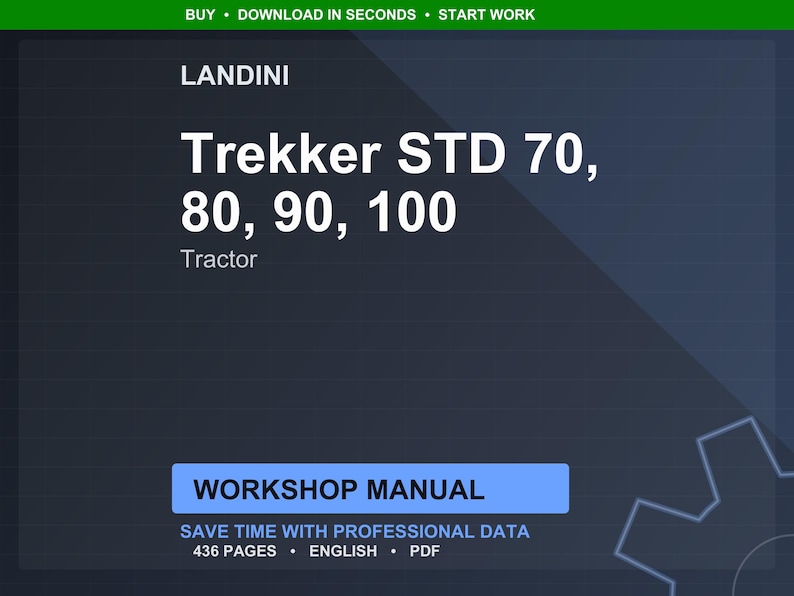 K&ouml;nnte beinhalten: Ein digitales Werkstatthandbuch f&uuml;r Landini Trekker STD Traktoren, Modelle 70, 80, 90 und 100. Der Titel ist in wei&szlig;er Schrift auf dunklem blauem Hintergrund. Das Handbuch hat 436 Seiten und ist in englischer Sprache.