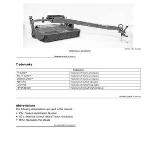 May include: A product view of a C350 Mower-Conditioner, a piece of agricultural equipment. The image is a black and white technical drawing with text including trademarks and abbreviations. The equipment has a long arm extending from a rectangular base.