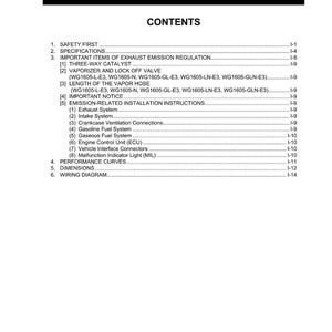 May include: A white document with black text, titled "INFORMATION" and "CONTENTS." The document lists specifications, exhaust emission regulation items, and installation instructions. The document includes a list of contents and page numbers.