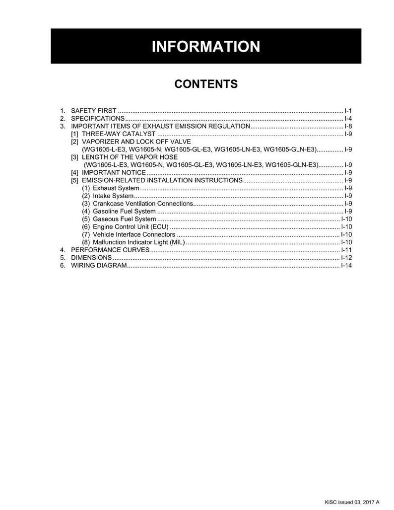 May include: A white document with black text, titled "INFORMATION" and "CONTENTS." The document lists specifications, exhaust emission regulation items, and installation instructions. The document includes a list of contents and page numbers.