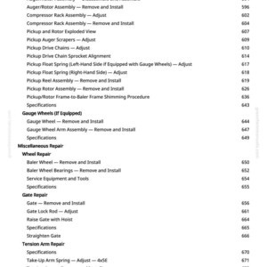 Puede incluir: Una p&aacute;gina de manual con una lista de procedimientos de reparaci&oacute;n para equipos agr&iacute;colas. El texto incluye secciones sobre reparaci&oacute;n de recogedores, ruedas de medici&oacute;n, reparaci&oacute;n de ruedas y reparaci&oacute;n de puertas, con n&uacute;meros de p&aacute;gina correspondientes.