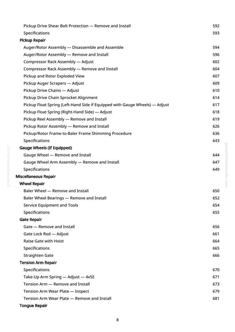Puede incluir: Una p&aacute;gina de manual con una lista de procedimientos de reparaci&oacute;n para equipos agr&iacute;colas. El texto incluye secciones sobre reparaci&oacute;n de recogedores, ruedas de medici&oacute;n, reparaci&oacute;n de ruedas y reparaci&oacute;n de puertas, con n&uacute;meros de p&aacute;gina correspondientes.