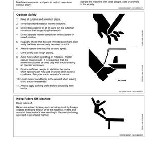 May include: A safety manual page with text and safety diagrams. The text includes instructions on operating machinery safely, such as keeping riders off and maintaining a safety area. Black and white illustrations accompany the text.